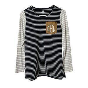 Marleylilly Women's T-Shirt S Black & Gray Striped Monogrammed Suede Long Sleeve